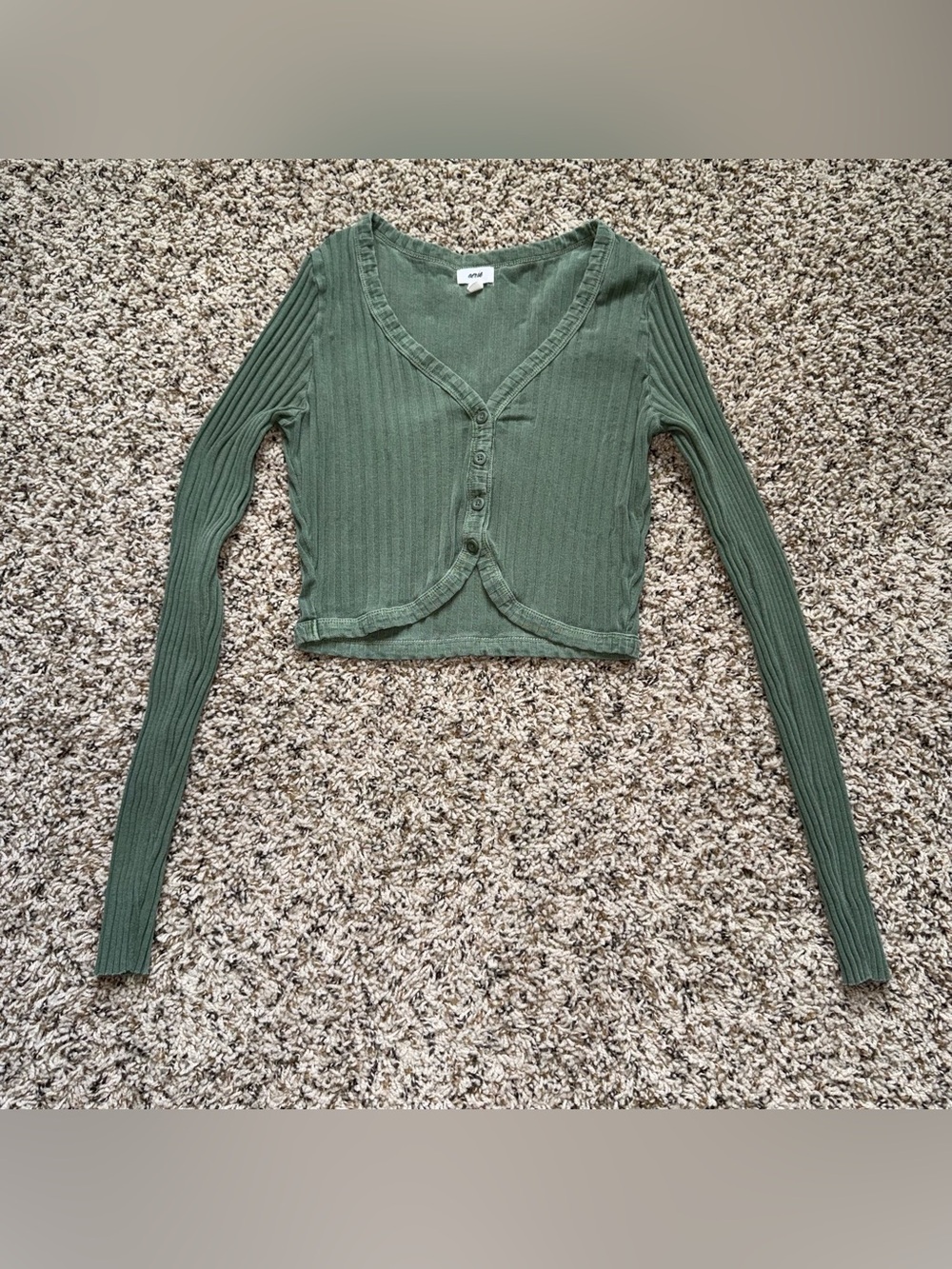 Aerie Sage Green Ribbed Knit Cropped Cardigan Sweater Size Small